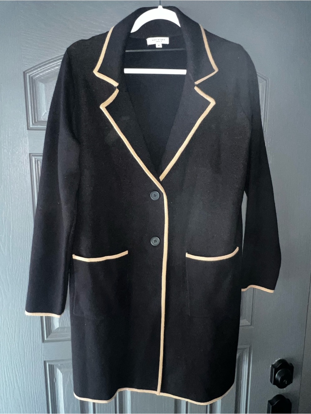 Max Studio Black Long Coatigan with Tan Trim